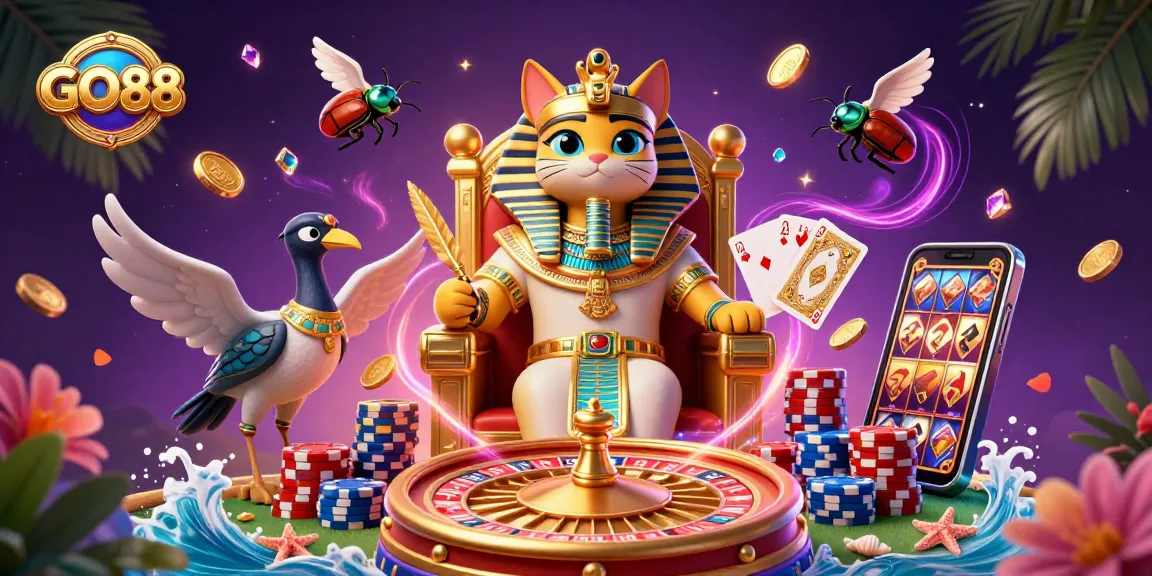 Bet at GO88 with vibrant casino elements in an enchanting 3D illustration featuring the royal pharaoh cat.