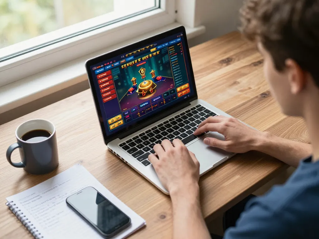 Kuwin user engaging in online casino gaming at their cozy home workspace