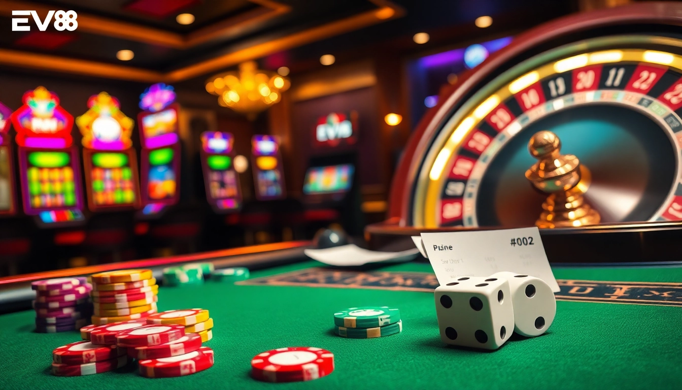 Players enjoying action at Nhà cái EV88 casino tables with vibrant chips and online betting features.