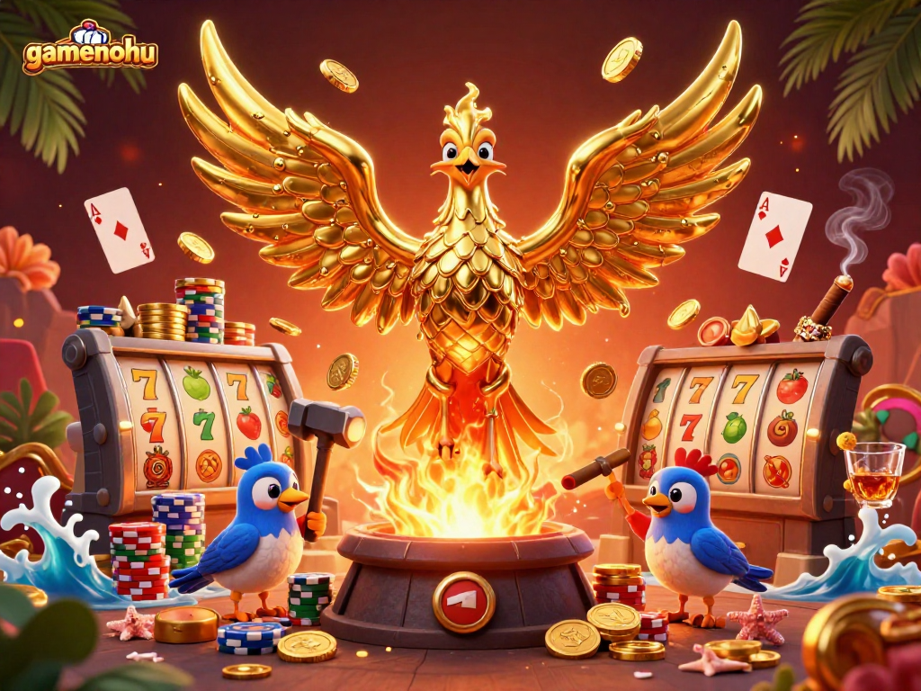 Engage in exciting slot jackpots with gamenohu featuring a golden phoenix and vibrant casino elements.