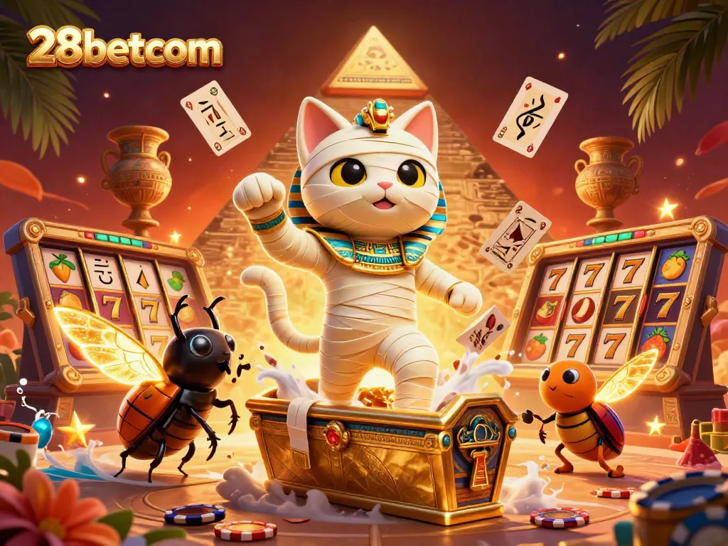 Experience thrilling wins at 28betcom with a vibrant casino scene featuring an Egyptian theme.