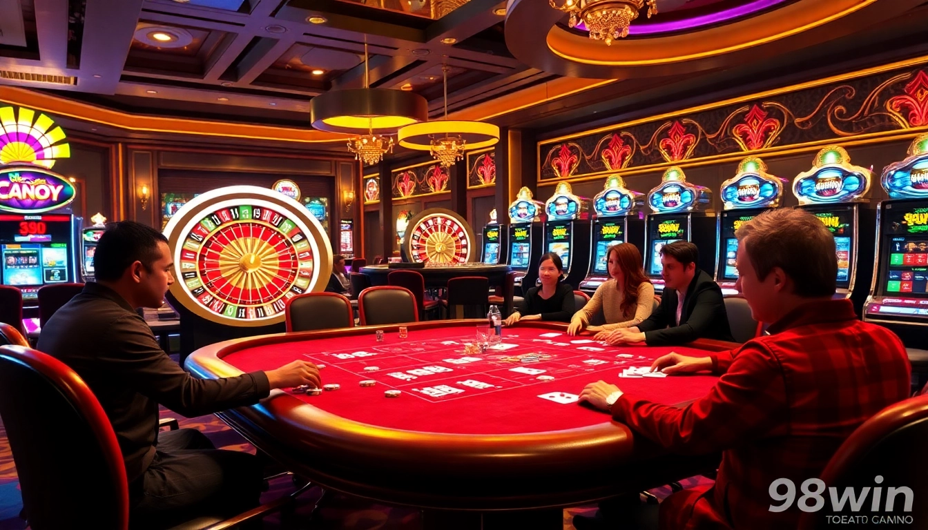 Experience the thrill of 98win at a vibrant casino table with poker chips and intense gameplay.