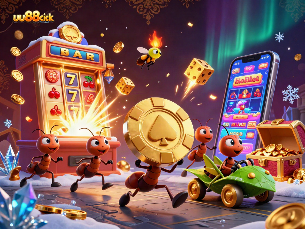 Engage with uu88click as ants execute a heist with a towering poker chip in a vibrant 3D casino illustration.