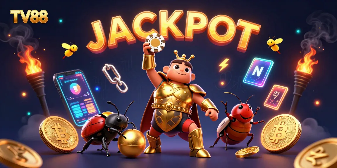 Engage with TV88's thrilling casino world, featuring a victorious beetle hero amidst glowing crypto elements.