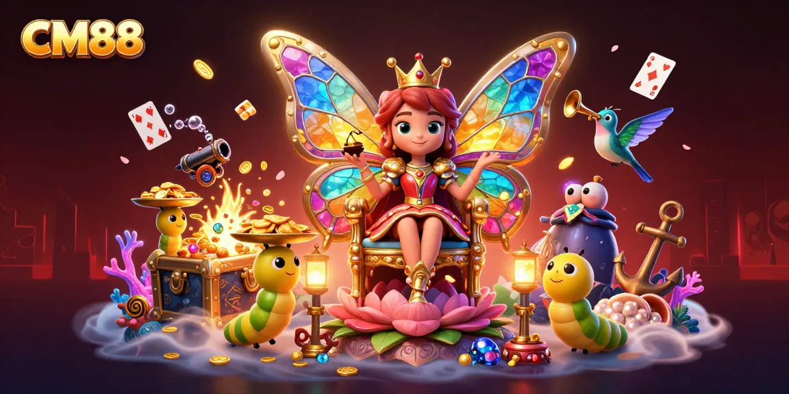 Catch amazing wins with CM88's vibrant 3D casino illustration featuring an enchanting butterfly queen and dynamic game elements.