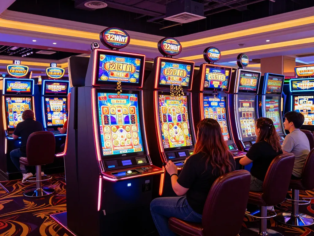 Players spinning reels at vibrant slot machines in thrilling 32win1 casino scene