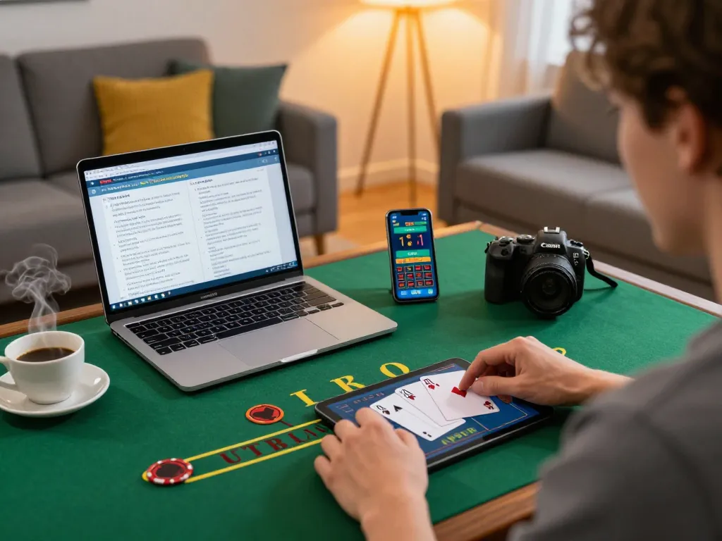Player enjoying blackjack on NK88 in a modern living room, capturing a responsible gaming moment.