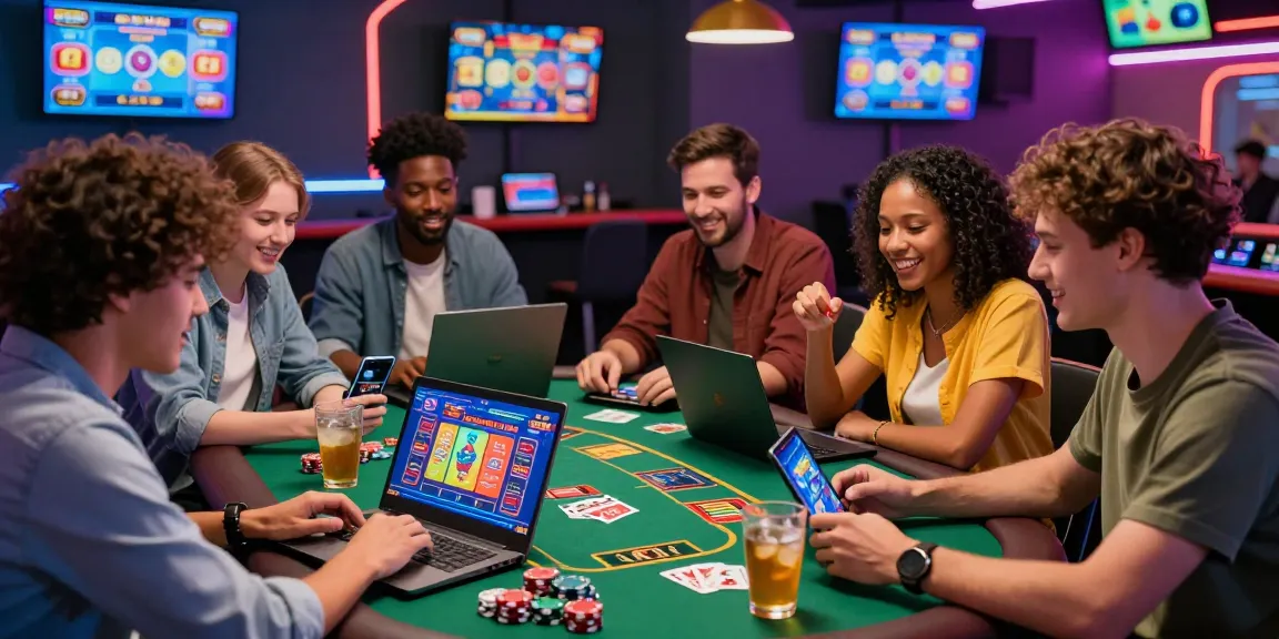 Thrilling credit card casino scene with friends gaming together, vibrant atmosphere and casino graphics.