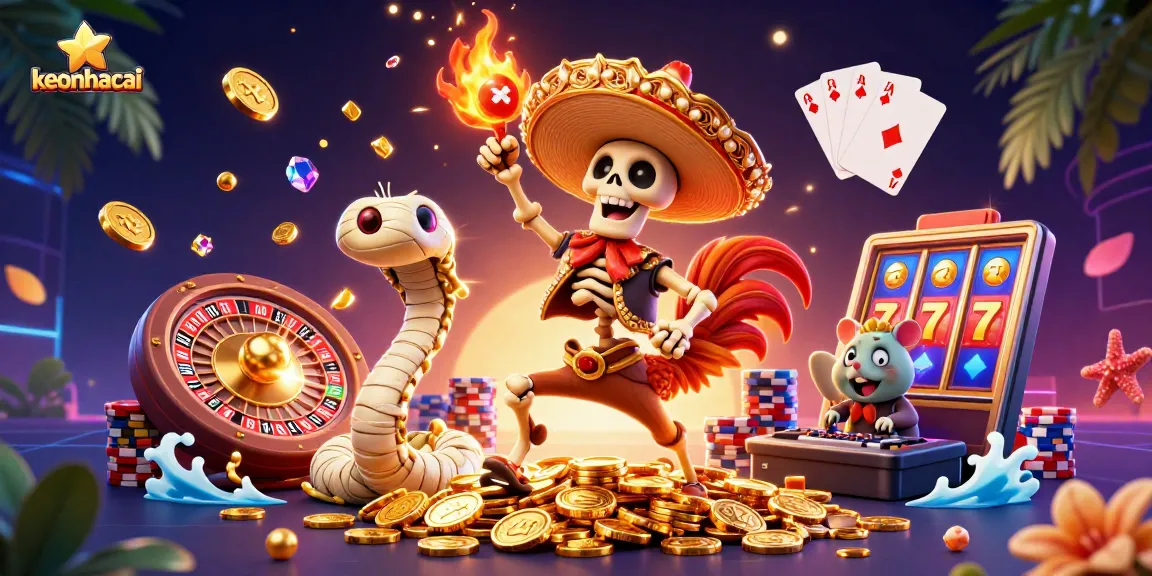 Engage with keonhacai through this vibrant 3D illustration showcasing a lively casino theme.