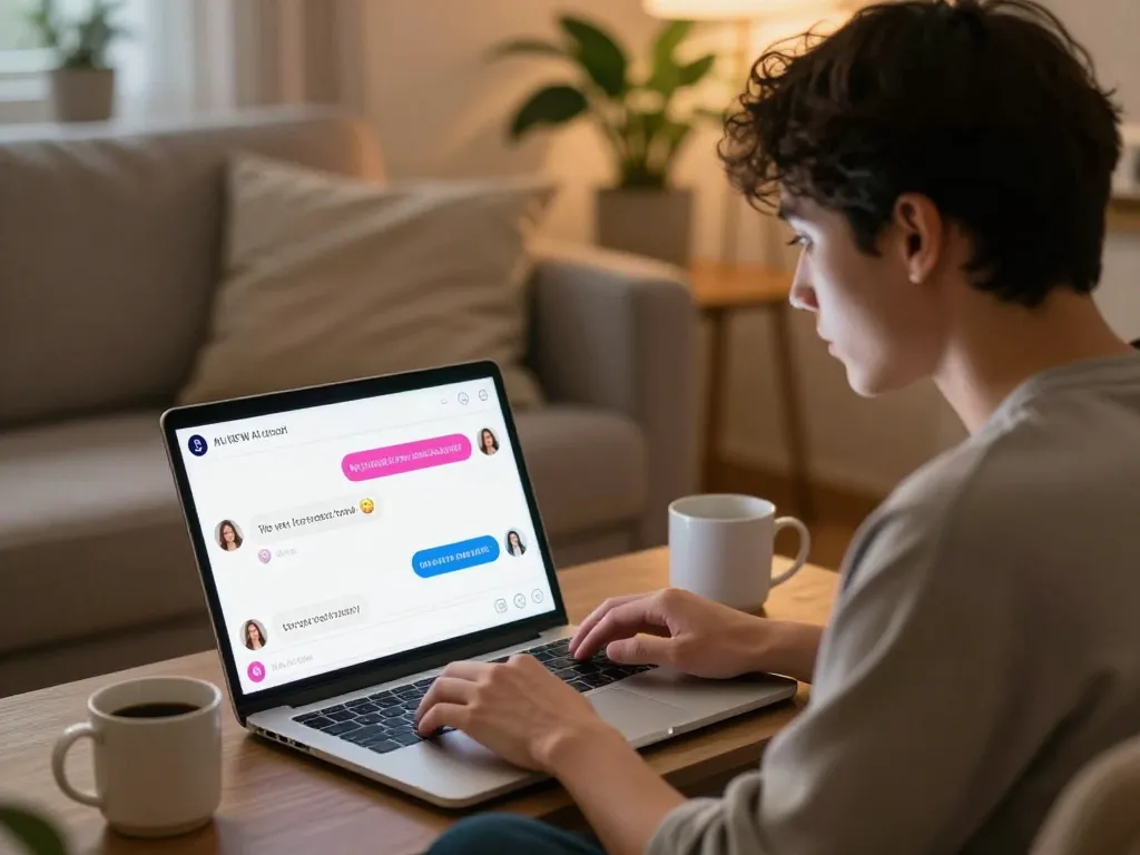 Engaging in dynamic nsfw ai chat on a laptop in a cozy, ambient-lit room, highlighting user interaction with AI.