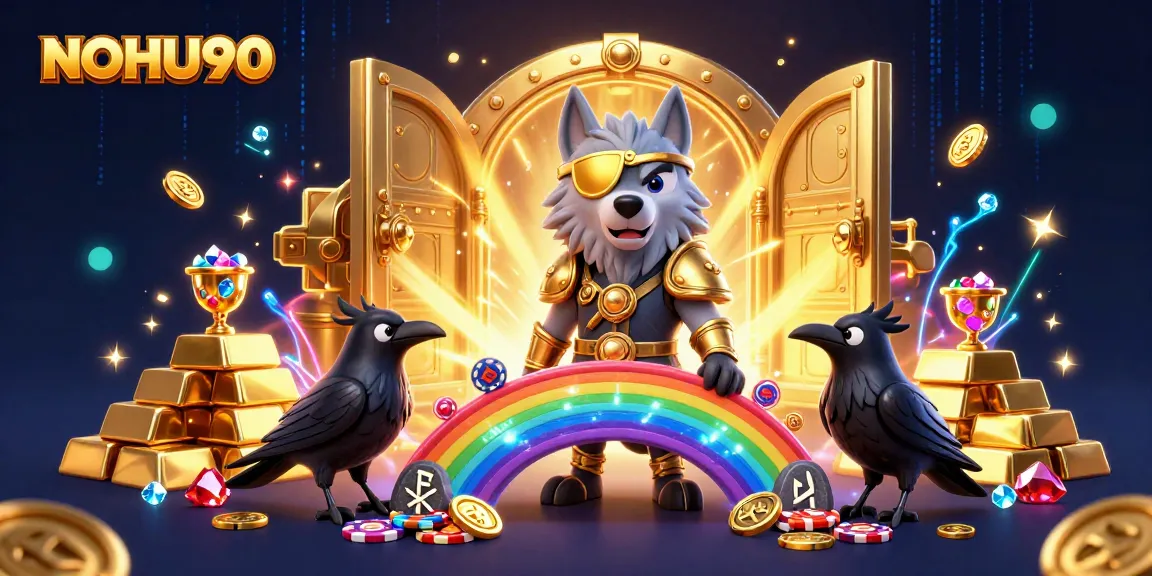 Experience the excitement of NOHU90 with a dynamic illustration of Odin and his ravens amidst casino treasures.