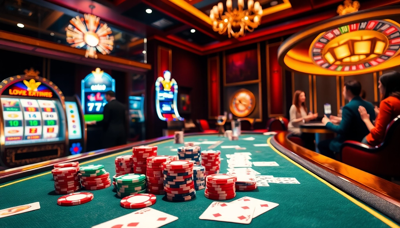 Engage with the okfun app features in a vibrant casino setting, showcasing poker chips and a lively roulette wheel.