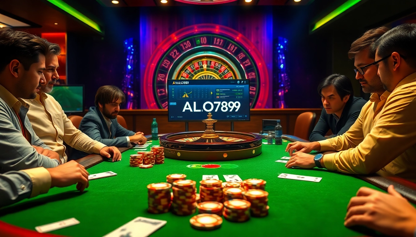 Engage with the thrilling world of gambling at nhà cái Alo789, showcasing a high-stakes poker table with excited players.