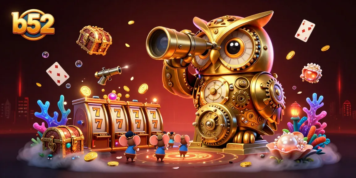 Experience thrilling b52 gaming with our illustrated golden owl overseeing a casino filled with riches.