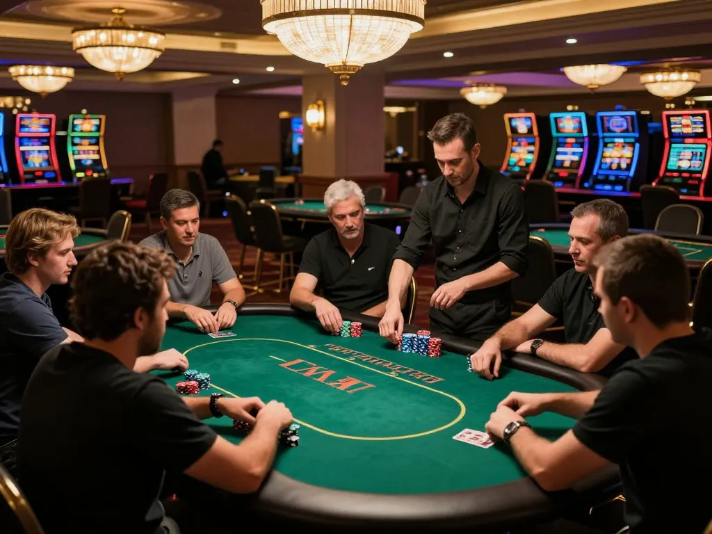 Players in a high-stakes poker game at a luxury casino showcasing 7m strategies for winning.