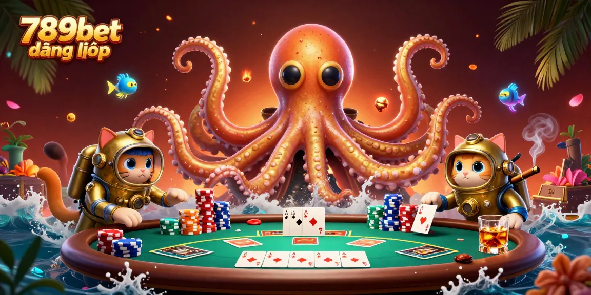 Engage with thrilling gameplay at 789bet đăng nhập with a vibrant casino scene featuring a kraken and poker elements.