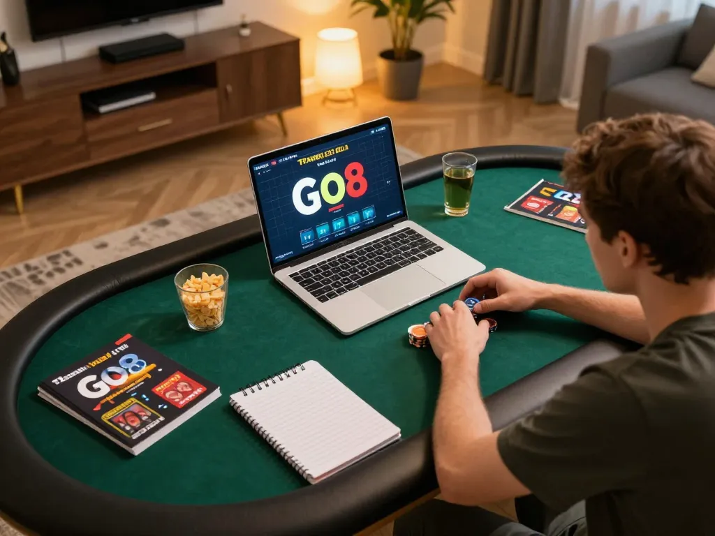 Player engaging in poker strategy on trang chủ go8 during relaxed home gaming session.