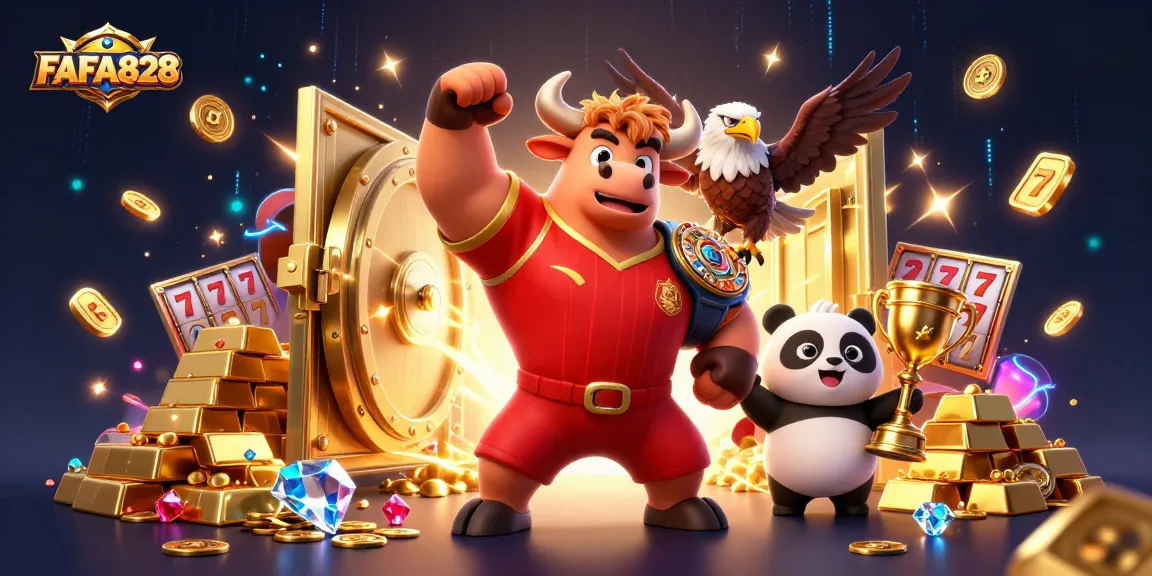 Engage with FAFA828's exciting slot action featuring a victorious bull mascot surrounded by dazzling casino riches.