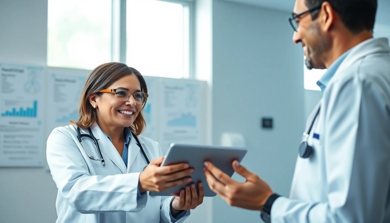 Tirzepatide consultation between a healthcare professional and patient in a modern clinic.