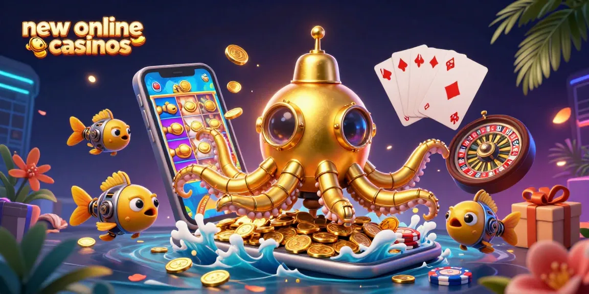 Engage with new online casinos exploring vibrant slots and gaming experiences in a 3D underwater scene.