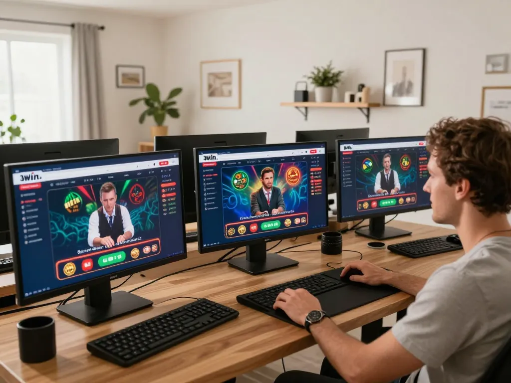 Engaging gameplay experience with 3win.com displayed on multiple screens in a modern home office.
