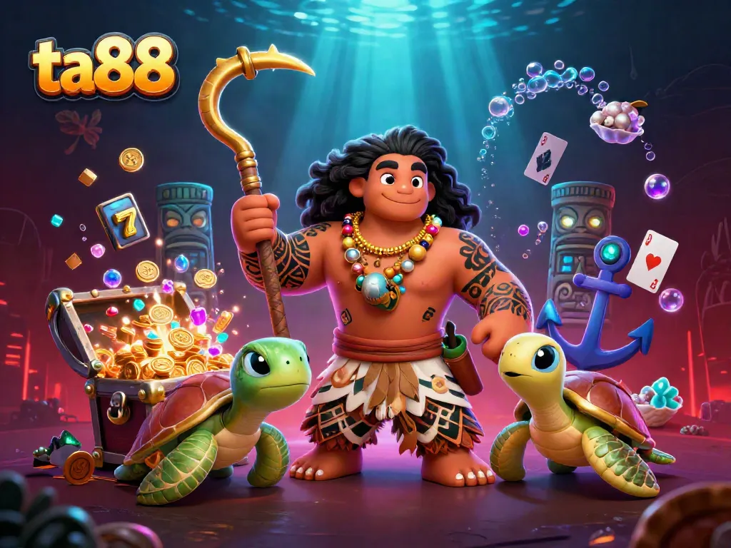 Engage with ta88's thrilling casino scene featuring vibrant slots and a Maui-style demigod.