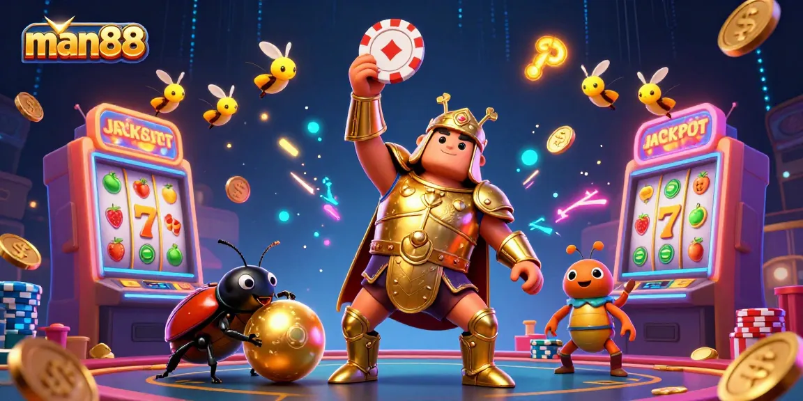 Experience thrilling slots and jackpots with man88's vibrant casino illustration!