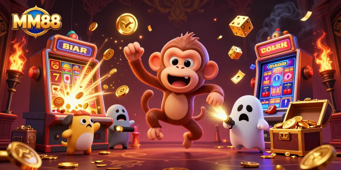 Experience MM88's thrilling casino adventure with a playful poltergeist monkey and ghost-hunter puppy.