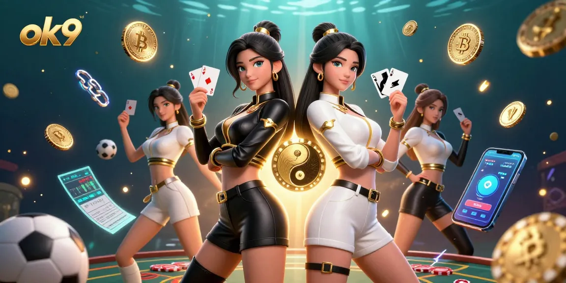 Play to win with ok9 as twin Asian women show off their poker skills amidst a vibrant sports betting atmosphere.