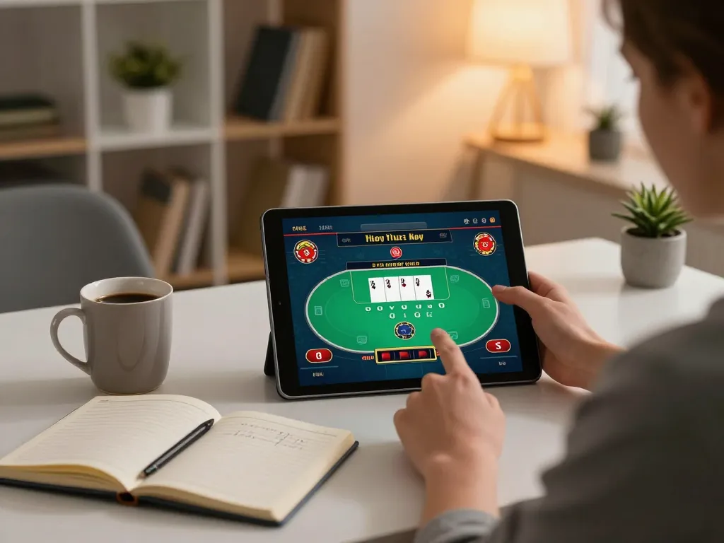 TR88 player engaged in online poker betting strategy at cozy home office.