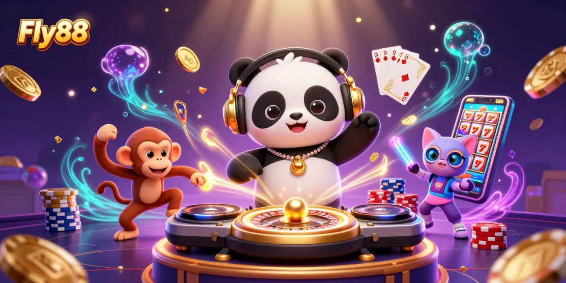 Engage with Fly88's vibrant 3D casino scene featuring dynamic characters and casino elements.