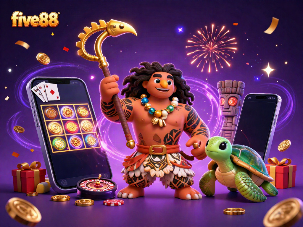 Experience the excitement of five88 with a vibrant 3D casino scene featuring bold characters and gaming action.