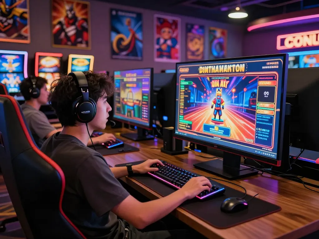 Engaged player enjoying tg88 online gaming experience in a vibrant setup with colorful graphics and casino elements.
