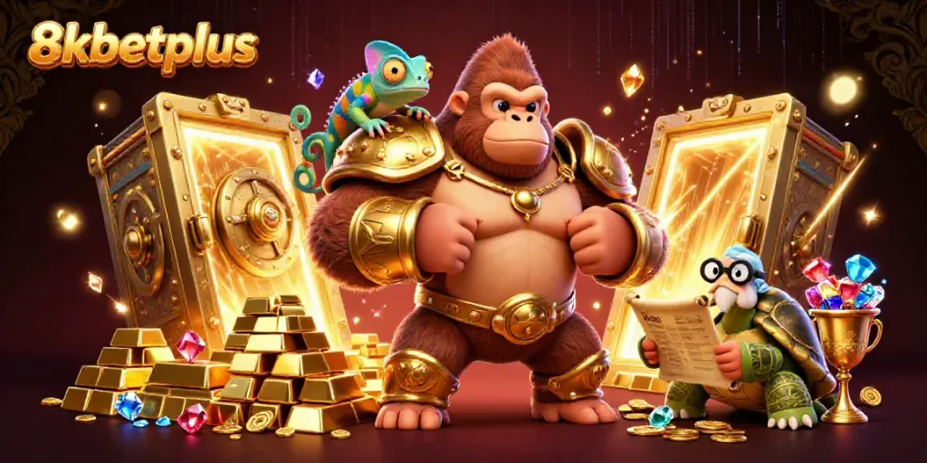 Win big with 8xbetplus in this vibrant casino adventure illustration featuring a powerful gorilla king.