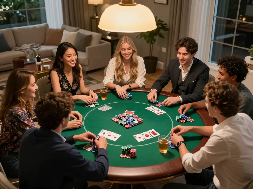 Friends enjoying an engaging poker night, focused on gameplay at home with qq88 atmosphere.