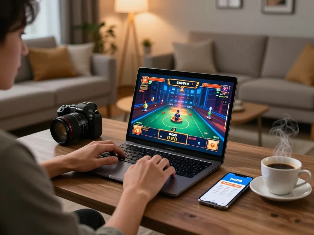 Engaged user đăng ký SC88 on laptop in cozy home setup, highlighting online gambling excitement.