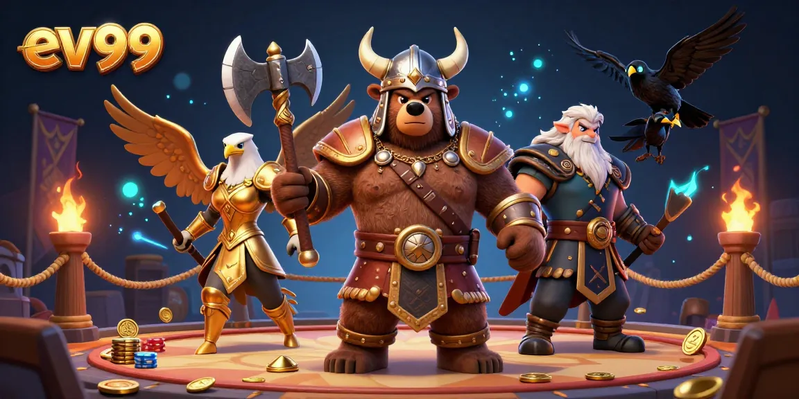 Experience thrilling action at ev99, featuring a Viking bear and Valkyrie eagle amid vibrant casino elements.