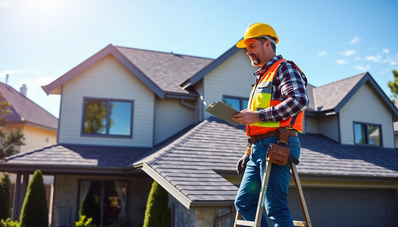 A professional roofing company contractor inspecting a residential roof for quality and safety.