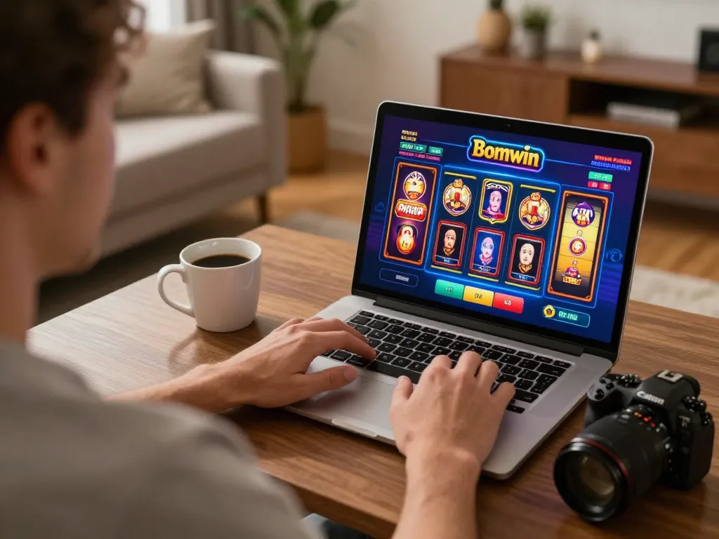 Player enjoying online gambling at Bomwin on laptop, showcasing immersive gaming experience.