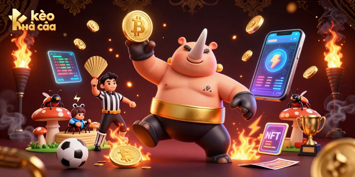 kèo nhà cái showcases a majestic rhinoceros beetle sumo champion amid flying coins and sporty elements