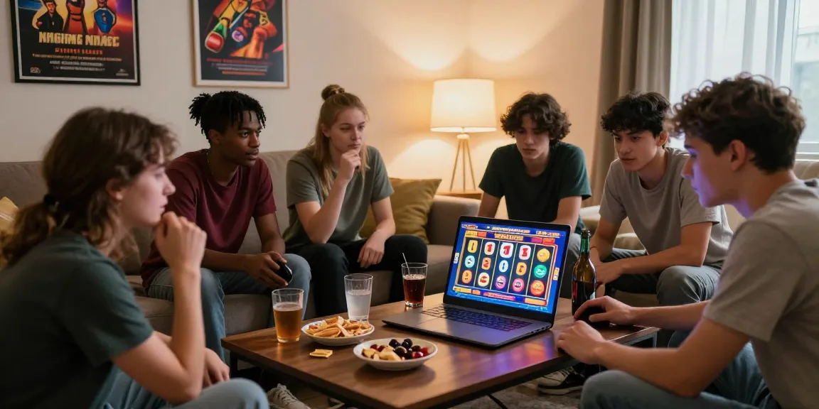 Group of friends enjoying online gaming at a credit card casino, exploring scoarch.org.uk. Cozy living room atmosphere with snacks and excitement.