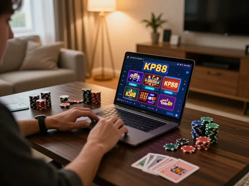 KP88 online betting experience showcasing a user engaged with casino app on laptop