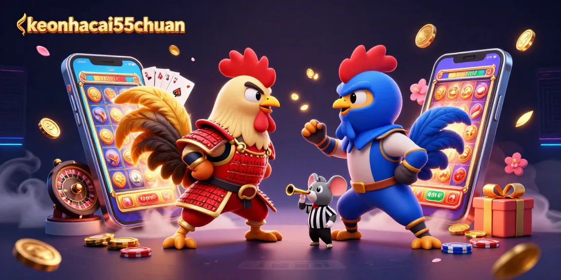 Experience the thrill of keonhacai55chuan in dynamic action with cartoon fighting roosters battling amidst casino elements.