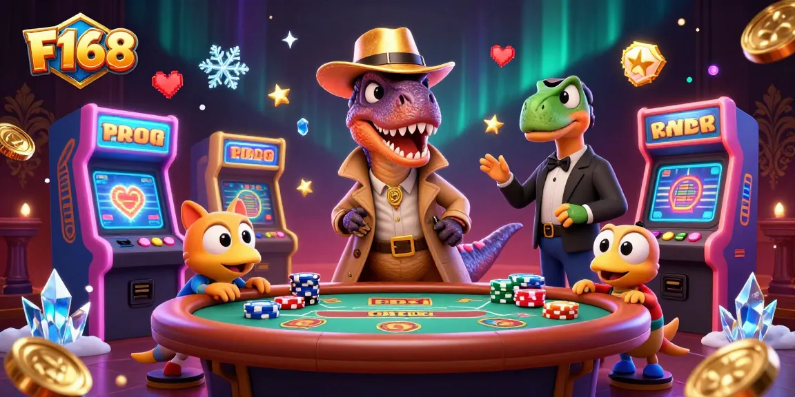 Exciting F168 casino scene with cartoon characters engaged at a blackjack table with dynamic gaming elements.