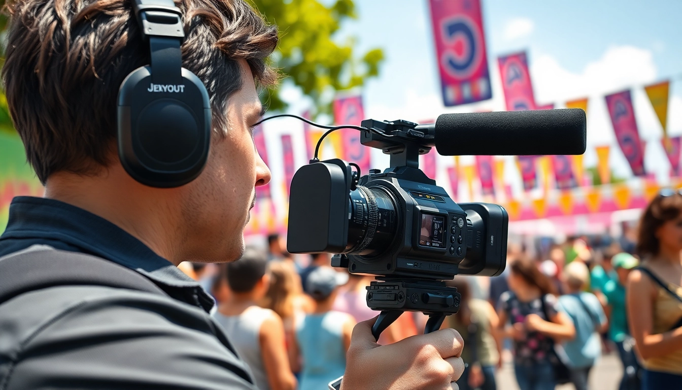 Engaged professional videographer showcasing video capture techniques at an outdoor event.