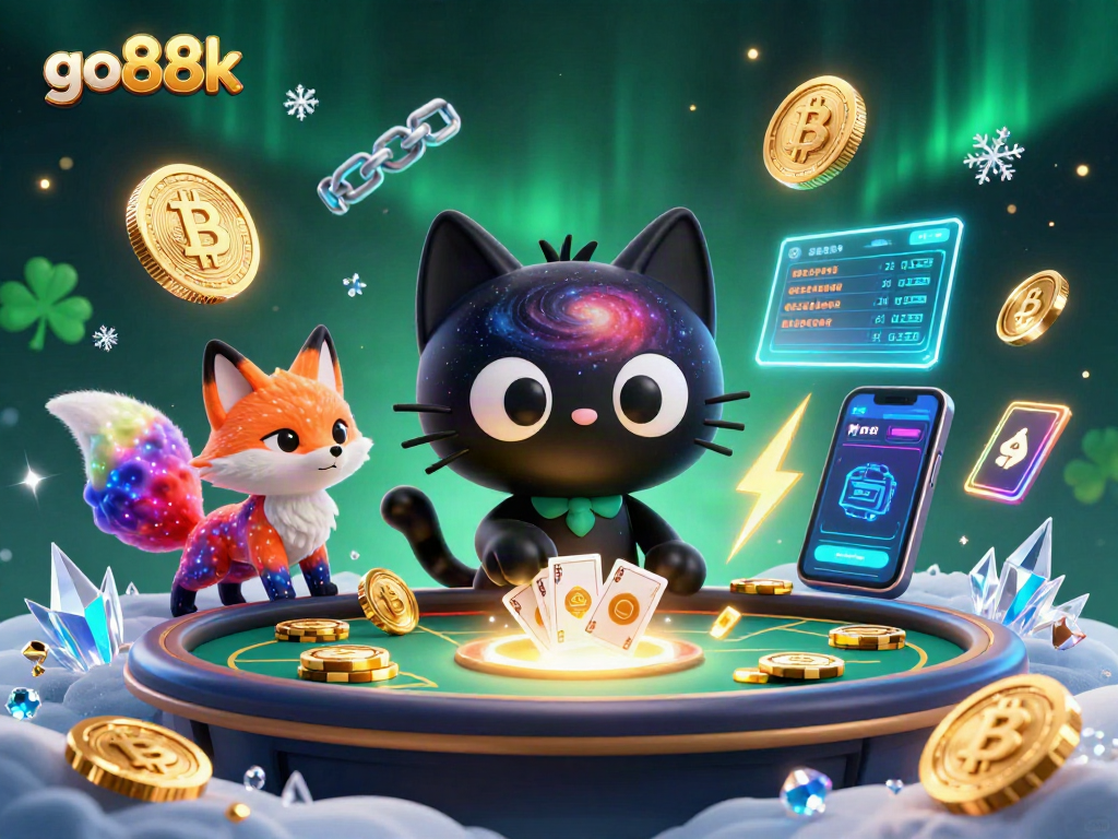 Experience go88k's cosmic casino with a black hole cat and nebula fox as they draw in digital treasures.