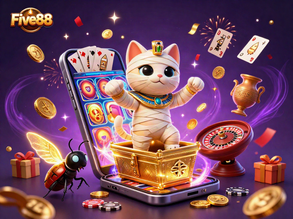 Experience excitement at Five88 with a vibrant 3D rendering showcasing thrilling casino elements.