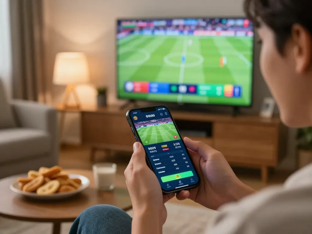 Kèo nhà cái 5 actively engaging for football betting on a smartphone app in a cozy home setting.