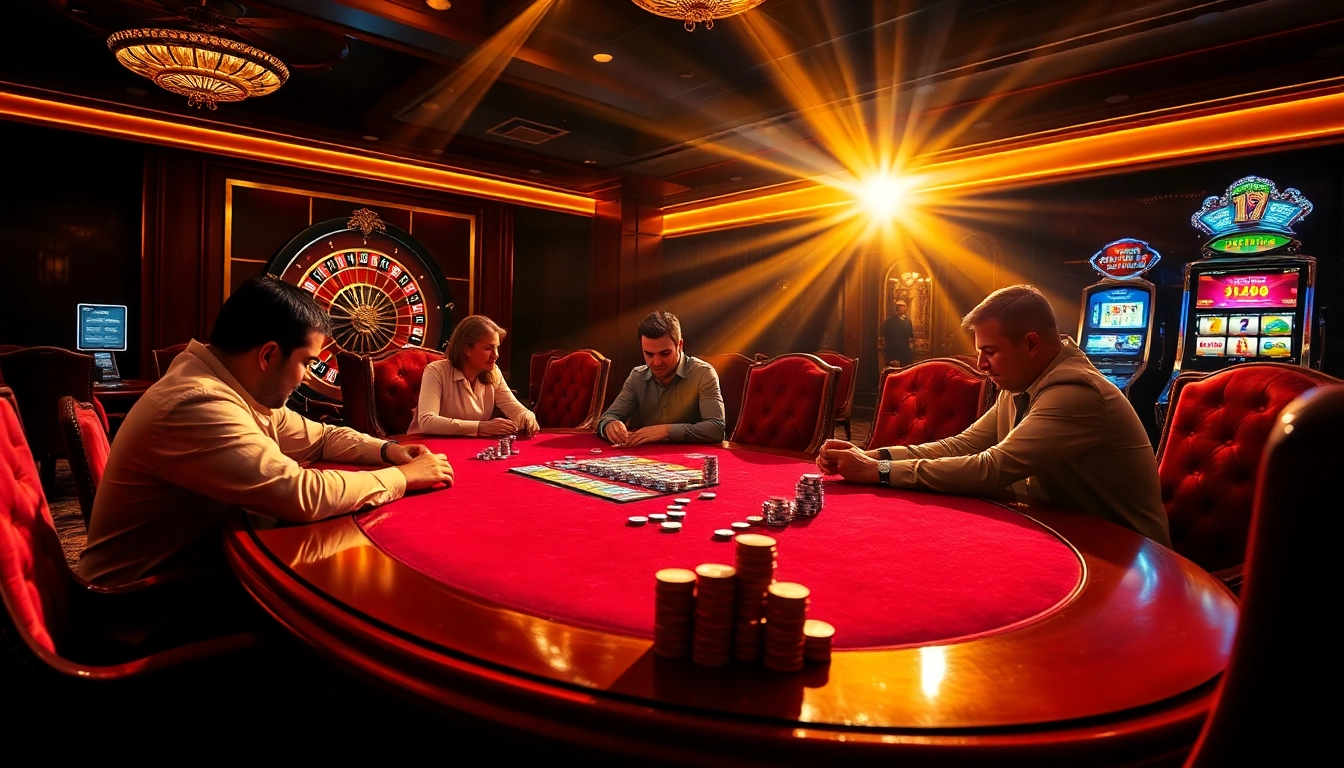 Exciting scene at Nhà cái 98win poker table with colorful chips and roulette wheel.