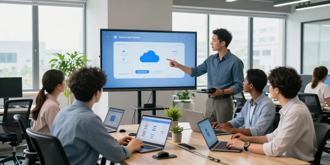 Team collaboration showcasing a cloud phone system in a modern office, enhancing productivity and communication.